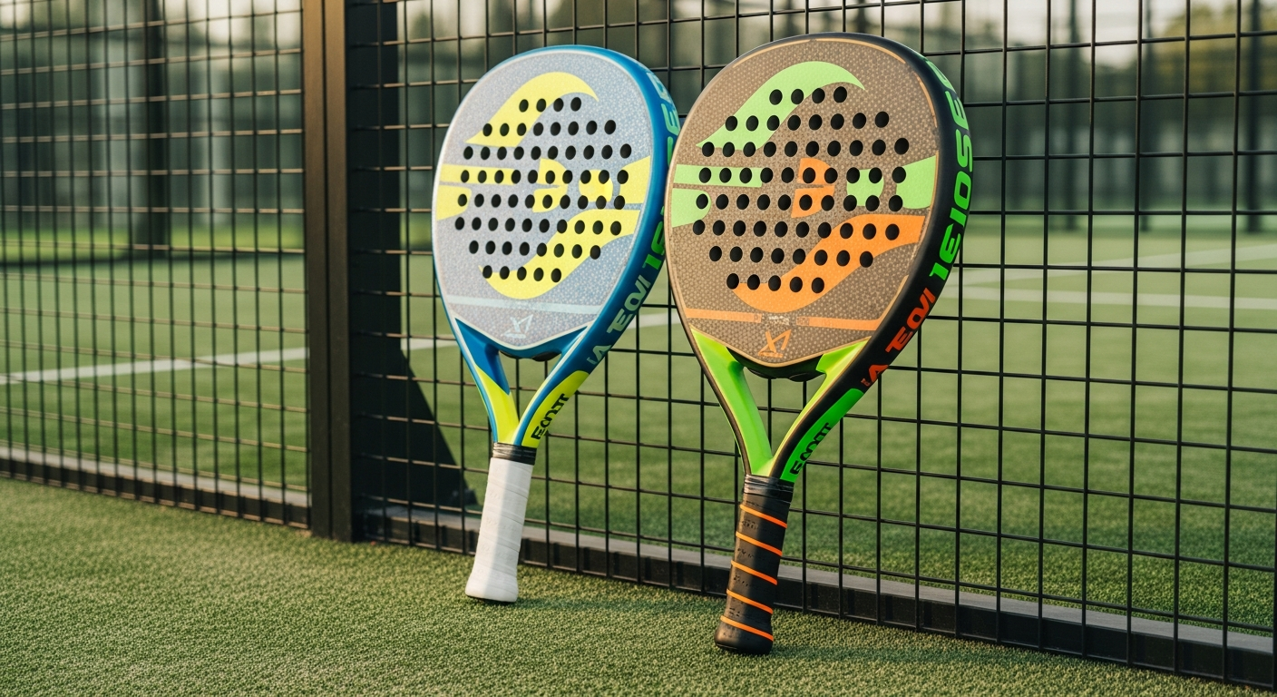 Intermediate padel rackets including Head Zephyr, Vermont Imperium, and Wilson Defy displayed on a padel court