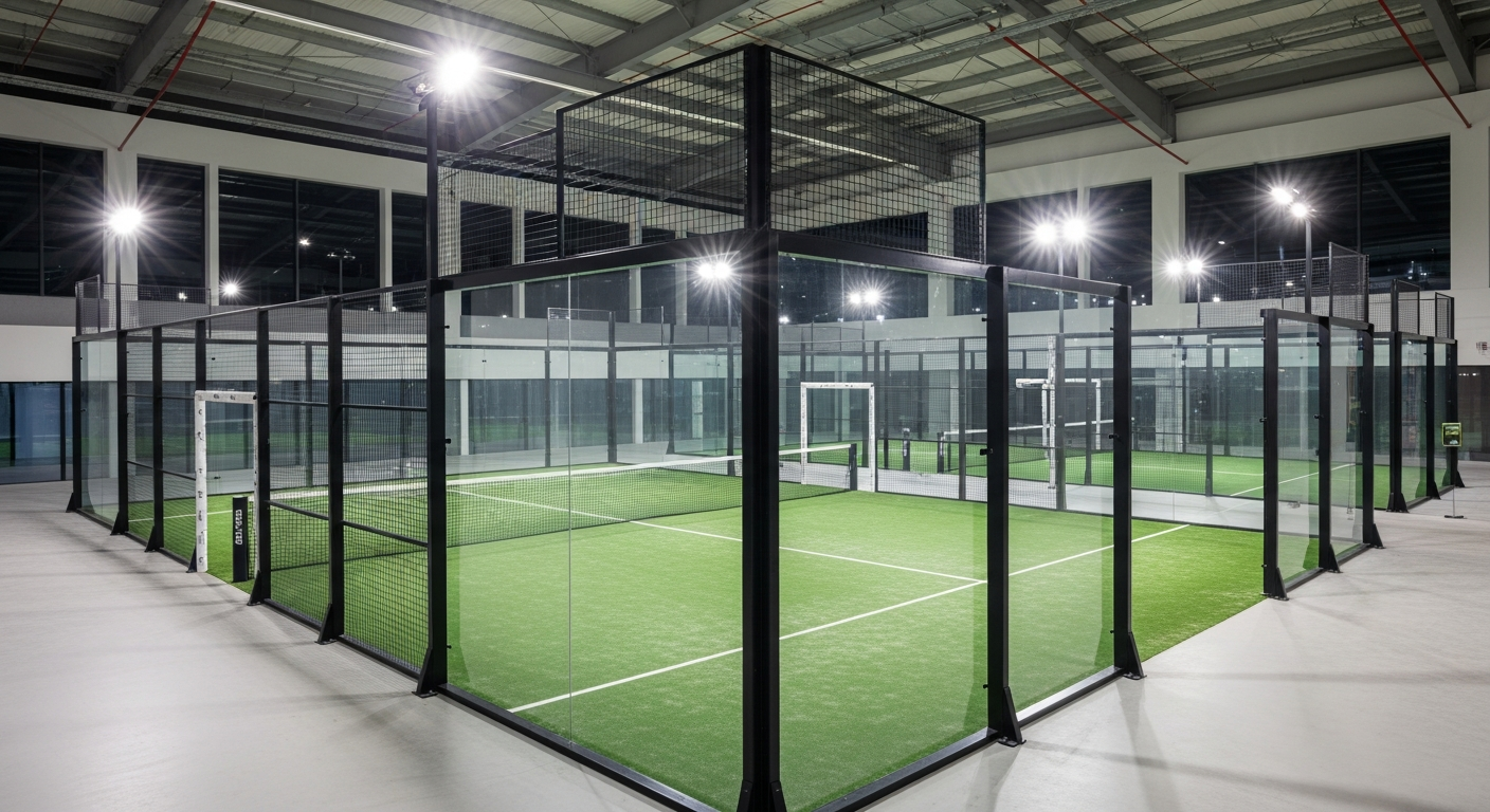 Modern indoor padel court facility with professional lighting and glass walls