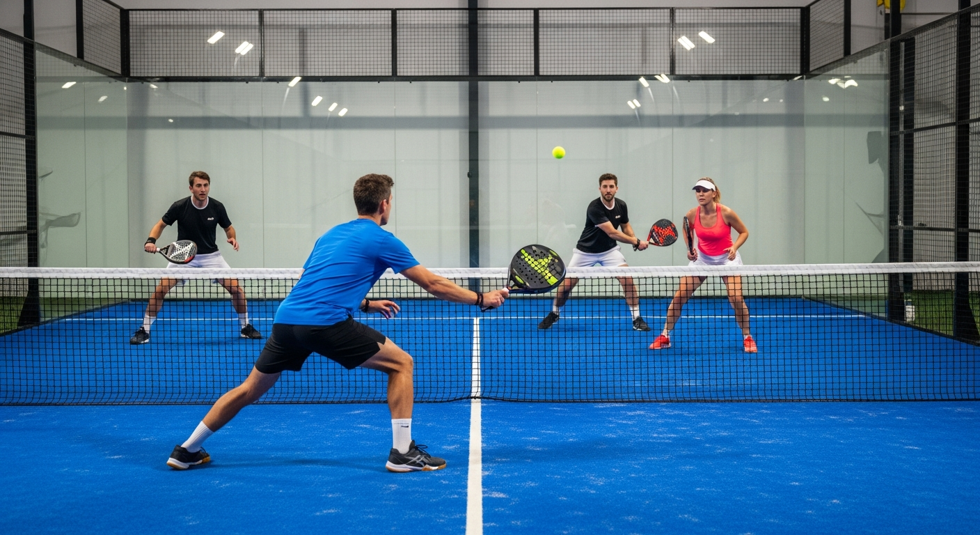Padel players on court demonstrating proper doubles positioning and etiquette