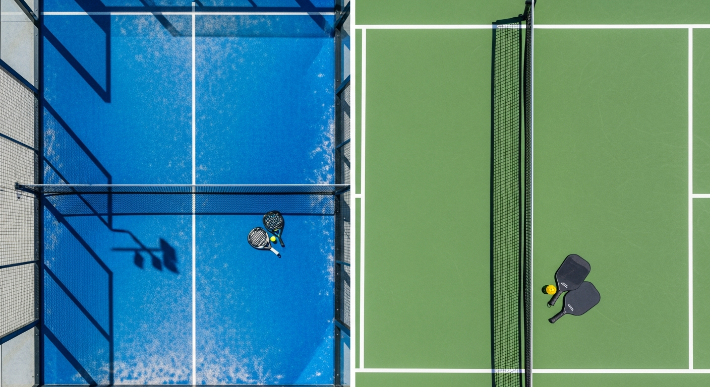 Side-by-side comparison of a padel court and a pickleball court