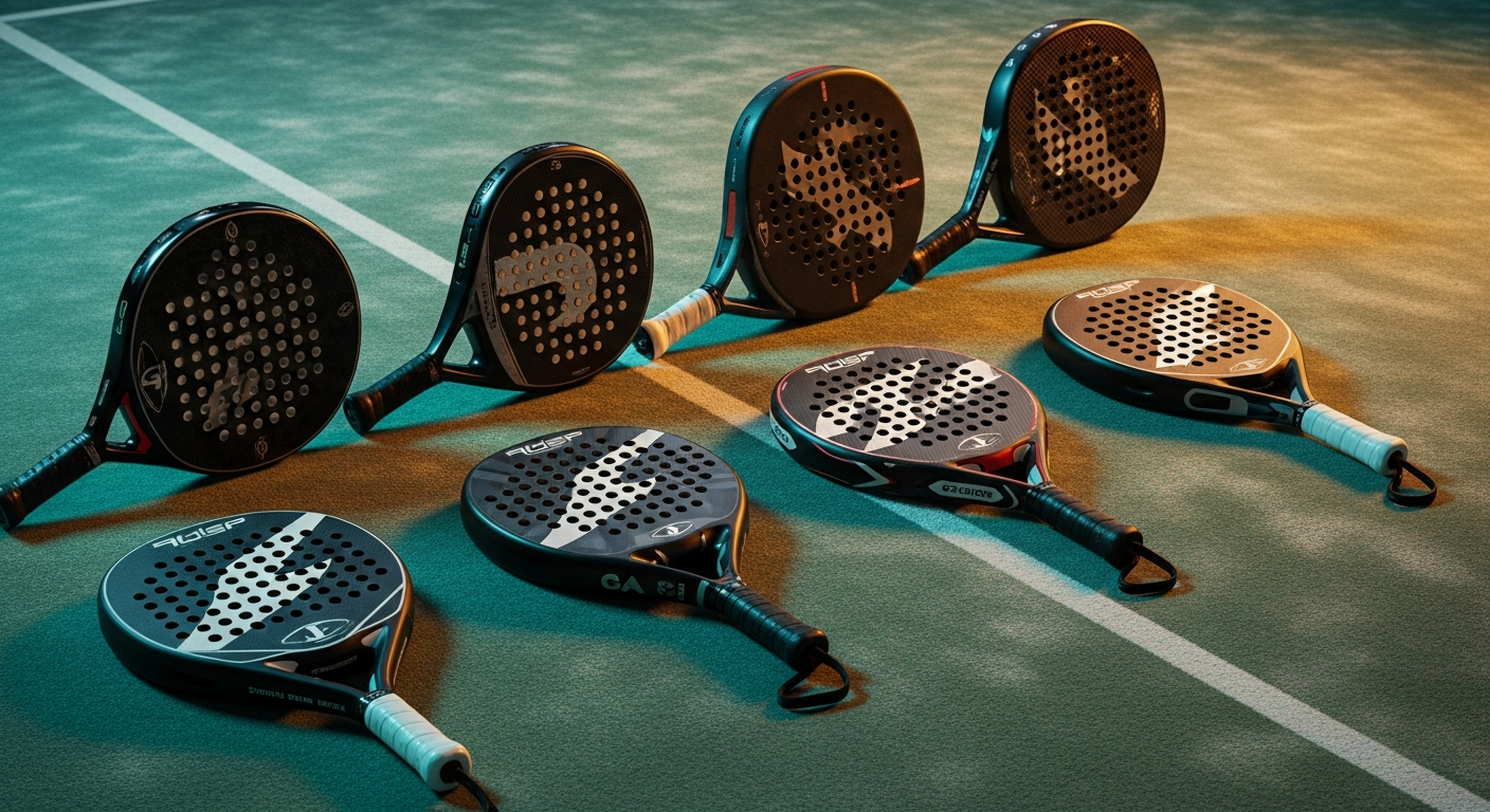 Different padel racket shapes including round, teardrop, and diamond laid out for comparison