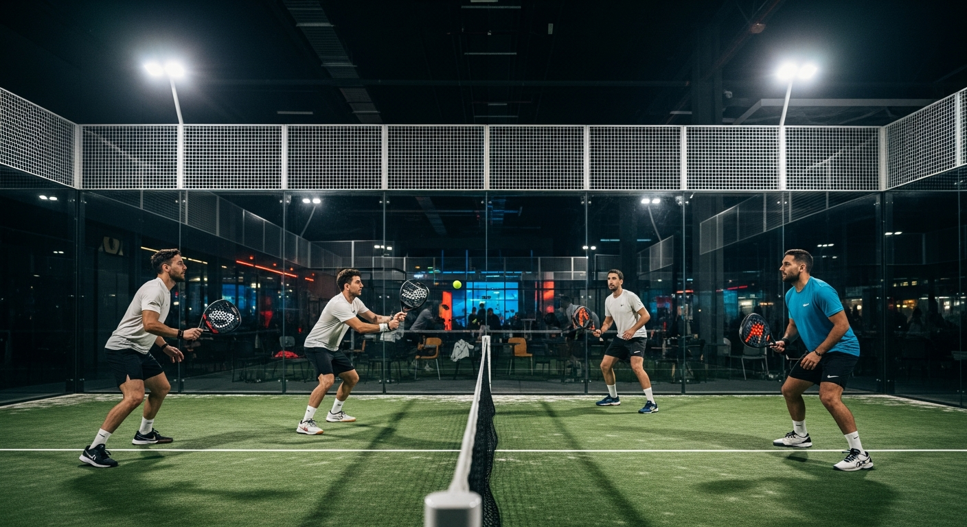 Four players on an enclosed padel court during a doubles match with glass walls