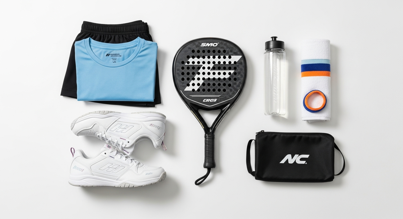 Padel gear flat lay with racket, court shoes, clothing, and accessories